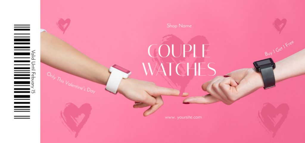 Plantilla de diseño de Valentine's Day Couple Watch Sale Announcement with Hands Coupon Din Large 