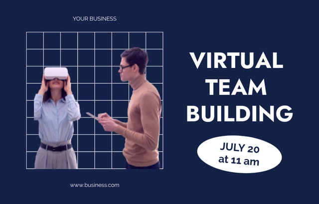 Virtual Team Building Announcement with Woman in Headset Invitation 4.6x7.2in Horizontal Tasarım Şablonu