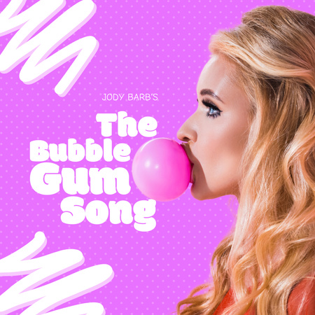 Ontwerpsjabloon van Album Cover van blonde vrouw met bubblegum op roze patroon met witte lijnen