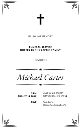 Simple Funeral Alert with Cross on White Invitation 4.6x7.2in Design Template