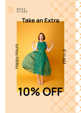 Clothes Shop Happy Hour Offer Woman in Green Dress Flayer Modelo de Design
