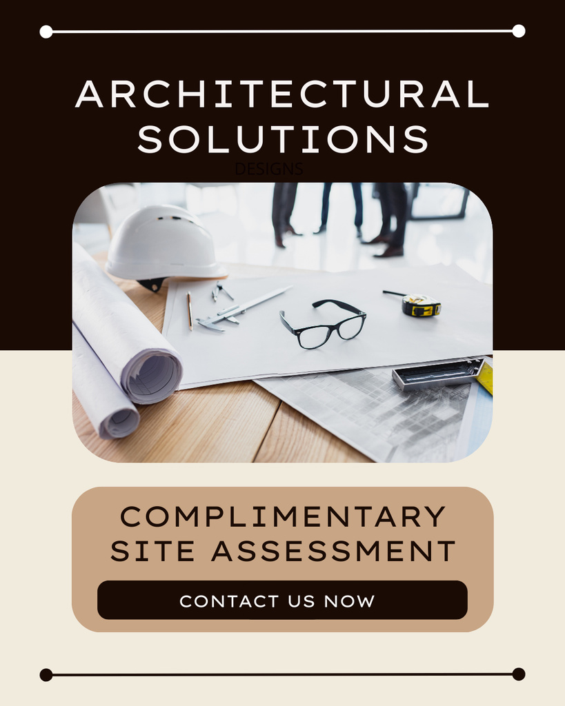 Architectural Solutions Promo with Blueprints on Table Instagram Post Vertical tervezősablon