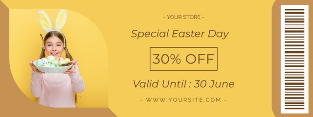 Easter Special Offer with Cute Kid in Rabbit Ears with Plate Full of Colored Eggs Coupon Modelo de Design