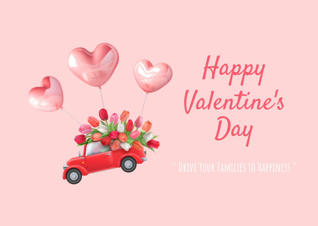 Valentine's Day Holiday Greeting with Car on Balloons Card Design Template
