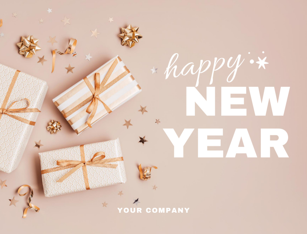 Template di design Happy New Year Greetings with Presents and Decoration Postcard 4.2x5.5in