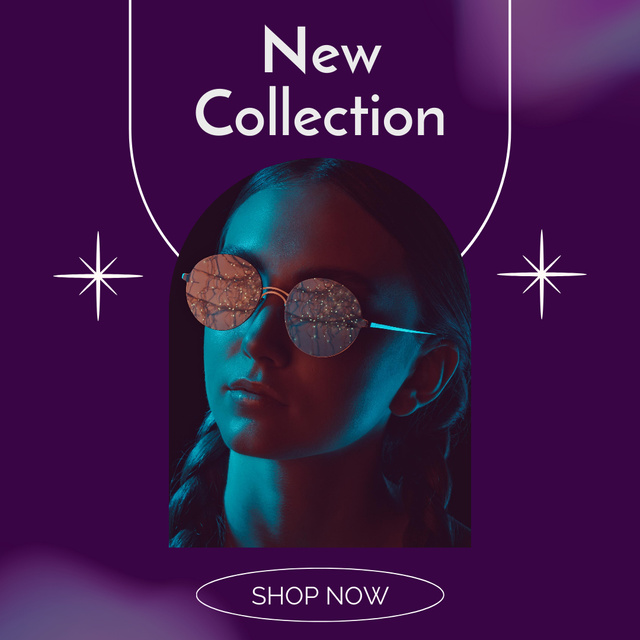 New Fashion Collection with Woman In Stylish Glasses Instagram Design Template