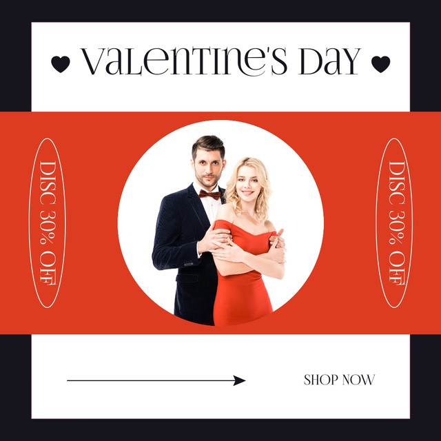 Platilla de diseño Valentine's Day Discount Offer with Couple in Festive Evening Clothes Instagram AD