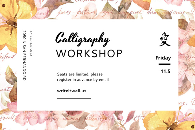 Calligraphy Lessons Invitation with Retro Watercolor Illustration Postcard 4x6in Design Template
