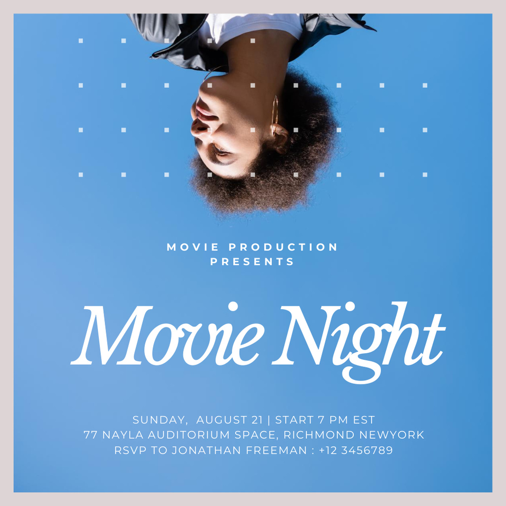 Movie Night Announcement with Young Woman on Blue Instagram tervezősablon