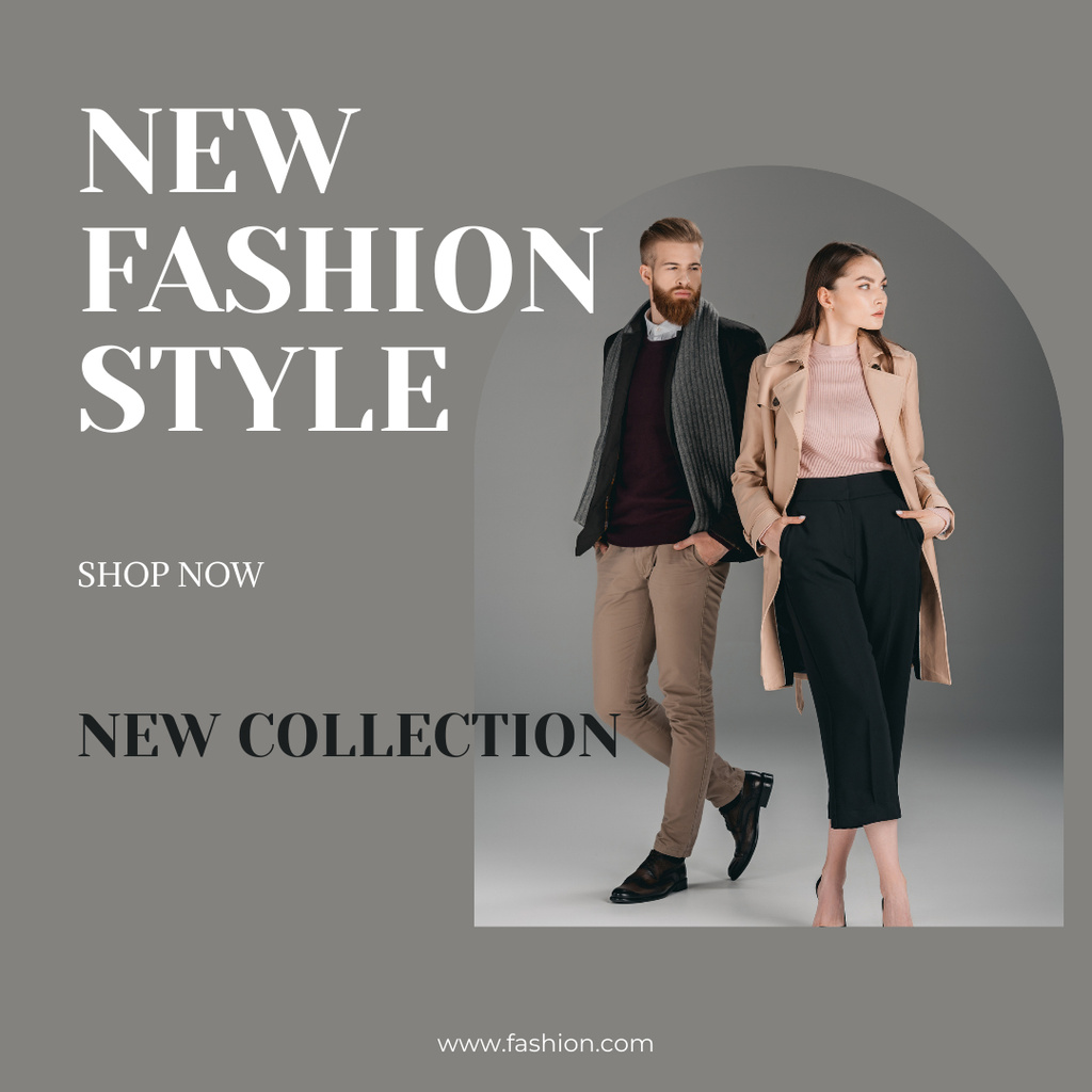Fashion Ad with Stylish Couple on Grey Instagram Design Template