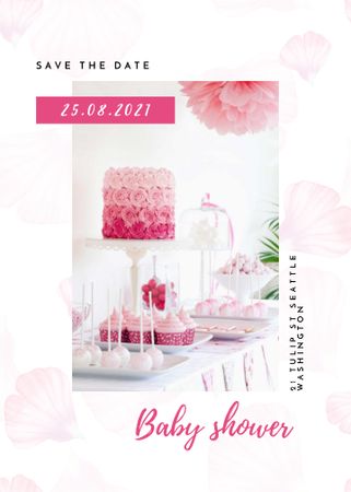 Platilla de diseño Baby Shower Announcement with Pink Cake and Flowers Invitation