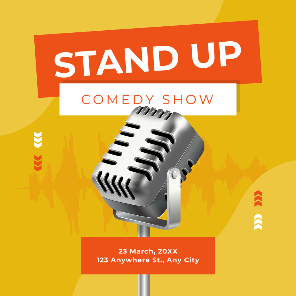 Stand-up Comedy Show with Microphone in Yellow Podcast Cover Modelo de Design