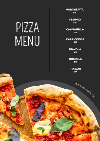 Template di design Fette di deliziosa pizza su grigio Menu