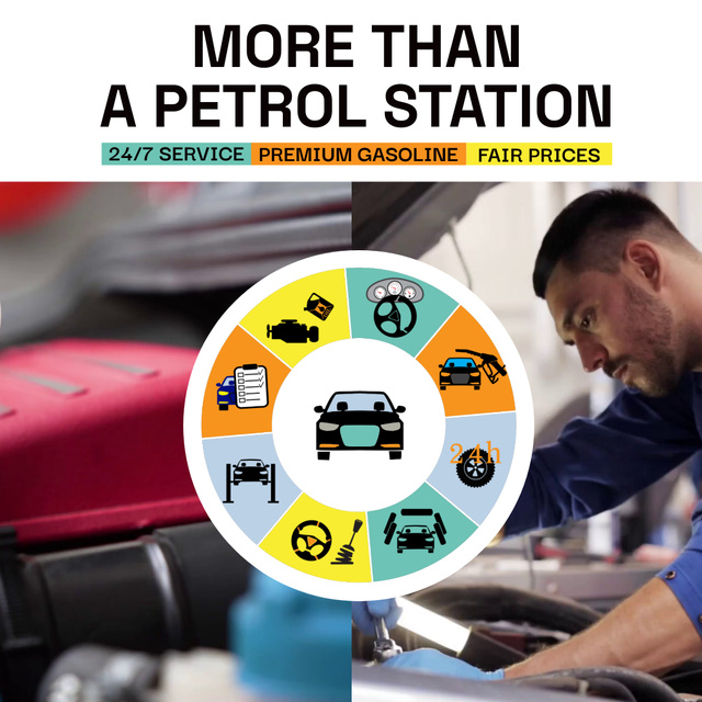 Plantilla de diseño de Petrol Station With Car Service Day And Night Animated Post 