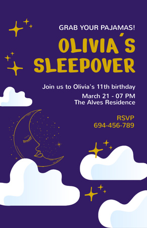 Sleepover Party Announcement with Clouds and Crescent Invitation 5.5x8.5in Design Template