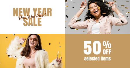 New Year Sale Announcement with Happy Women Facebook AD Modelo de Design