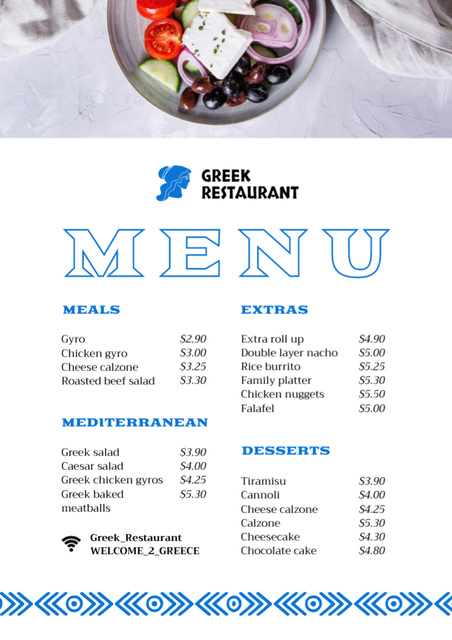 Delicious Greek Dish in Bowl on Blue and White Menu Šablona návrhu