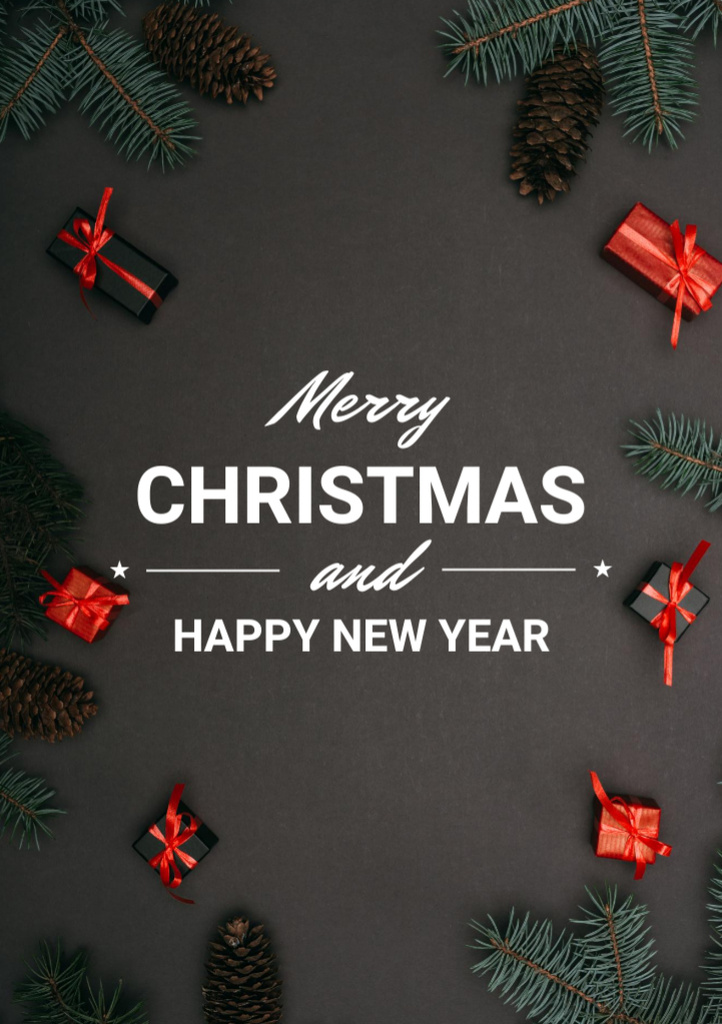 Christmas And Happy New Year Wishes In Black Postcard A5 Vertical Design Template