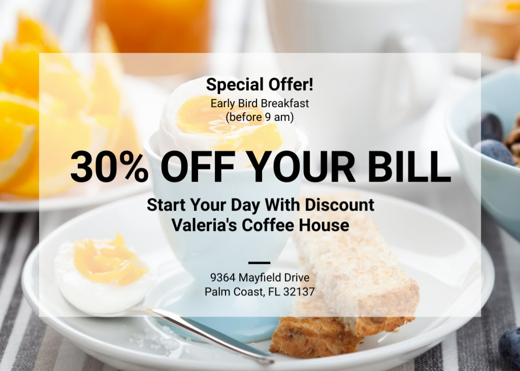 Szablon projektu Announcement of Discount on Breakfast in Coffee House Flyer 5x7in Horizontal