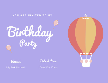Template di design Annuncio di una festa di compleanno con mongolfiera Invitation 13.9x10.7cm Horizontal