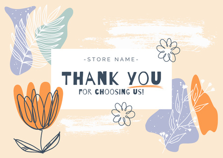 Thank You Message with Hand Drawn Flowers Card Design Template
