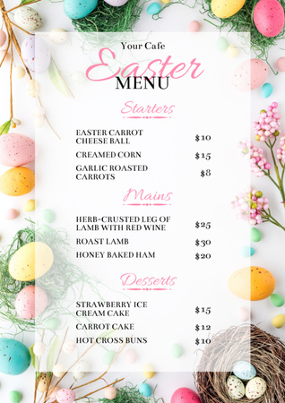 Offer of Easter Meals with Bright Painted Eggs Menu Modelo de Design