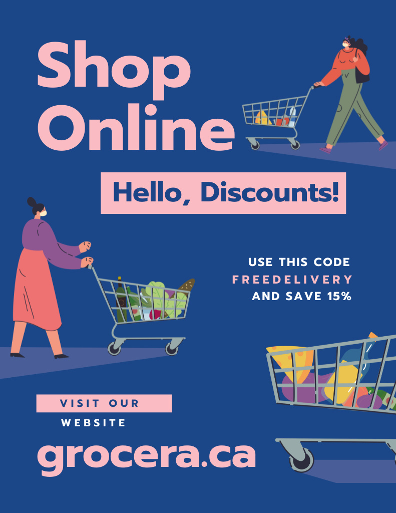 Online Shop Offer with Women with Carts Poster 8.5x11in Πρότυπο σχεδίασης