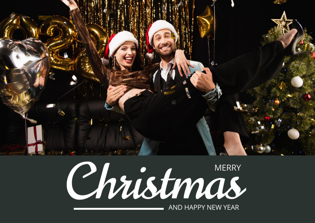 Holiday Wishes with Beautiful Couple Celebrating Christmas Card Design Template
