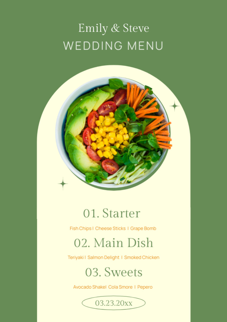 Vivid Green Wedding Foods List Menu Šablona návrhu