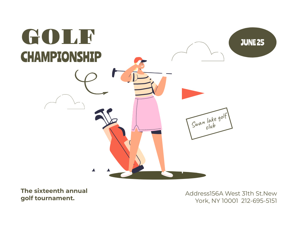 Cartoon Woman Golf Championship Invitation 13.9x10.7cm Horizontal Design Template