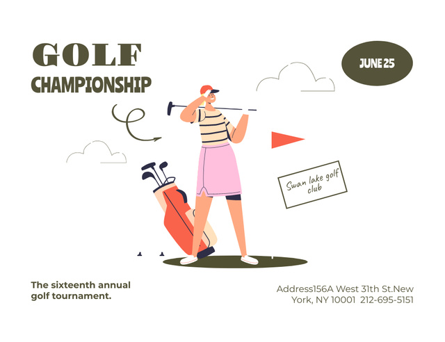 Cartoon Woman Golf Championship Invitation 13.9x10.7cm Horizontal tervezősablon