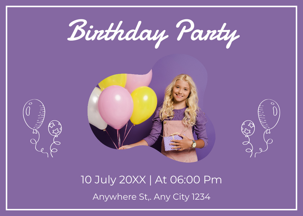 Birthday Party Announcement for Girl with Balloons Card Modelo de Design
