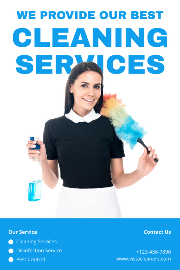Template di design Customized Cleaning Service Offer with Woman with Dust Brush Flyer 4x6in