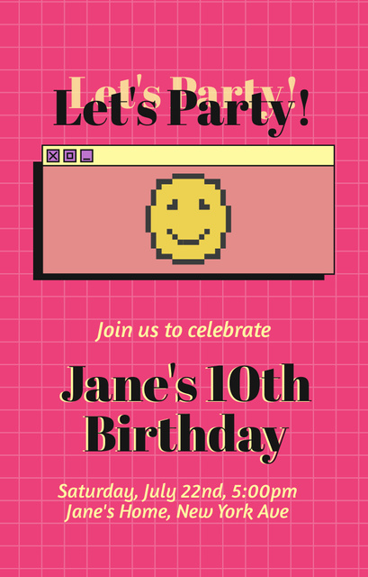 Ontwerpsjabloon van Invitation 4.6x7.2in van Birthday Announcement with Smiley Face on Pink