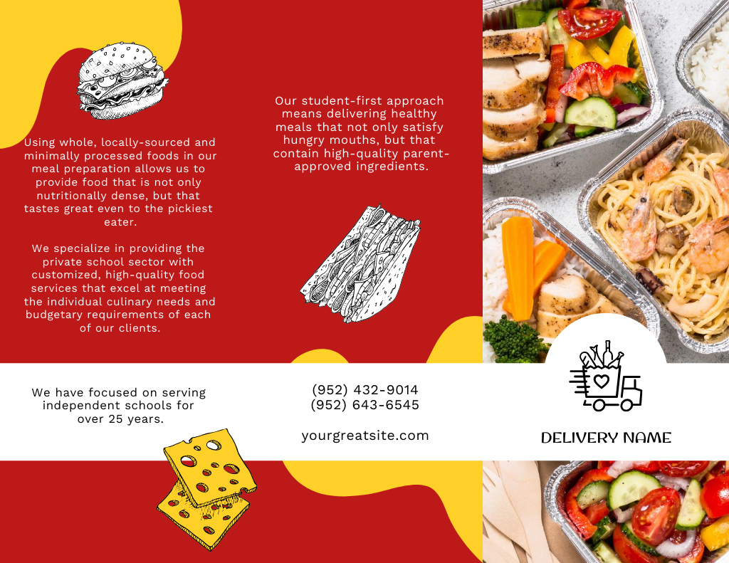 Nutritious School Food Ad with Lunch Boxes And Delivery Service Brochure 8.5x11in Šablona návrhu