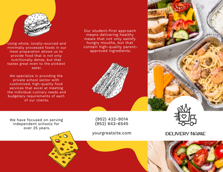 Tápláló iskolai ételhirdetés ebéddobozokkal és házhozszállítással Brochure 8.5x11in tervezősablon