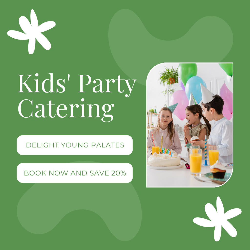 Kids' Party Catering Ad with Cute Children on Holiday Celebration Instagram Modelo de Design