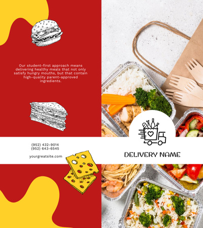 Template di design Annuncio di cibo scolastico sano con contenitori per il pranzo e consegna Brochure 9x8in Bi-fold