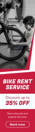 Реклама услуг по прокату велосипедов на красном фоне Skyscraper – шаблон для дизайна