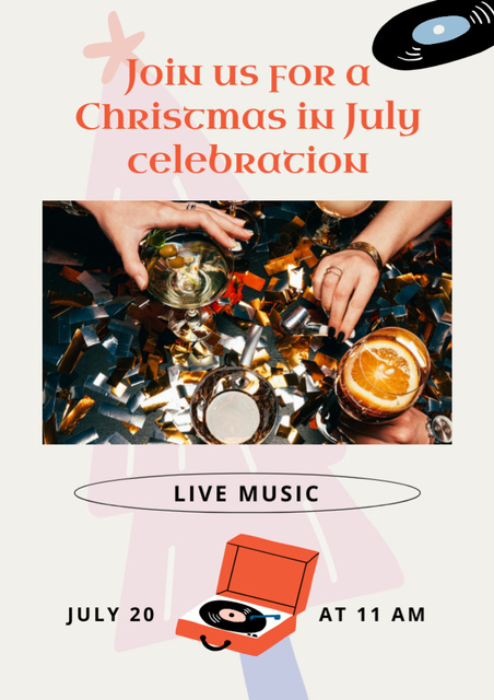 July Christmas Party Announcement with Live Music Flyer A4 Πρότυπο σχεδίασης