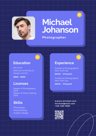 Designvorlage Fotografische Fähigkeiten mit Erfahrung und Abschluss für Resume