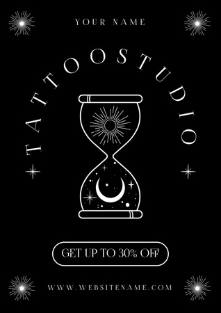 Hourglass And Tattoo Studio Service With Discount Poster Design Template