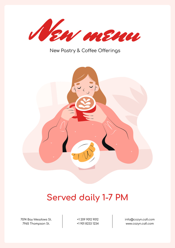 Ontwerpsjabloon van Poster van New Menu Ad with Woman enjoying Coffee and Croissant