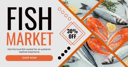 Fish Market Ad with Discount on Fresh Salmon with Lemon Facebook AD Design Template
