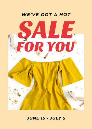 Ontwerpsjabloon van Flyer A6 van Kledingverkoop met stijlvolle gele vrouwelijke outfit