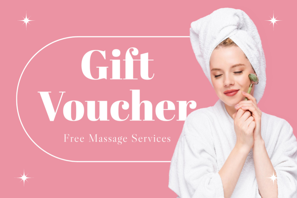 Template di design Spa Center Ad with Woman Using Jade Face Roller for Skin Care Gift Certificate