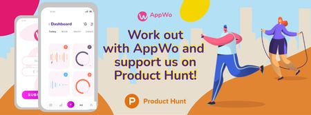 Plantilla de diseño de Product Hunt Promotion Fitness App Interface on Gadgets Facebook cover 