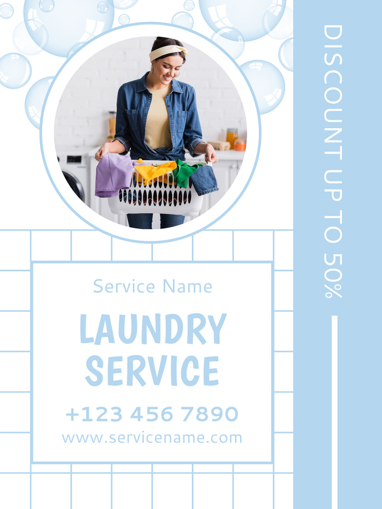 Ontwerpsjabloon van Poster US van Offering Laundry Services with Young Woman with Cloth