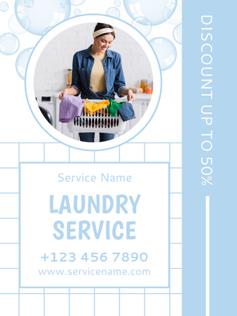 Plantilla de diseño de Ofreciendo servicios de lavandería con mujer joven con tela Poster US 