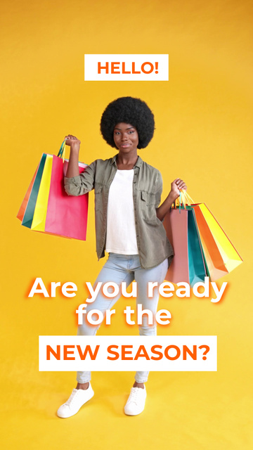 New Fashion Season Announcement with Woman with Shopping Bags Instagram Video Story Modelo de Design